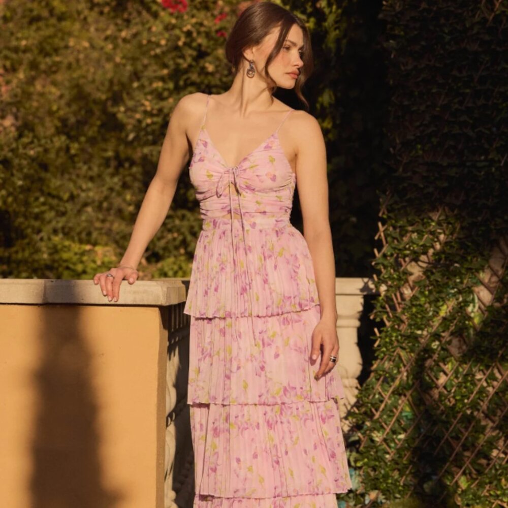 ASTR the Label Women's Daytona Tie-Front Pleated Maxi Dress - NWT Size M